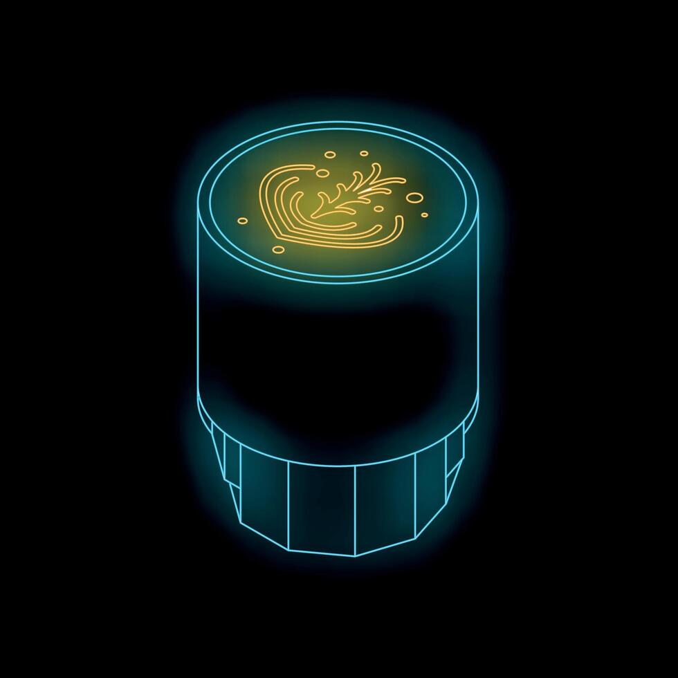 Neon coffee cup with latte art on black background vector