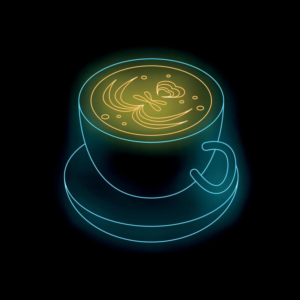 Neon sign of latte art coffee glowing on black background vector