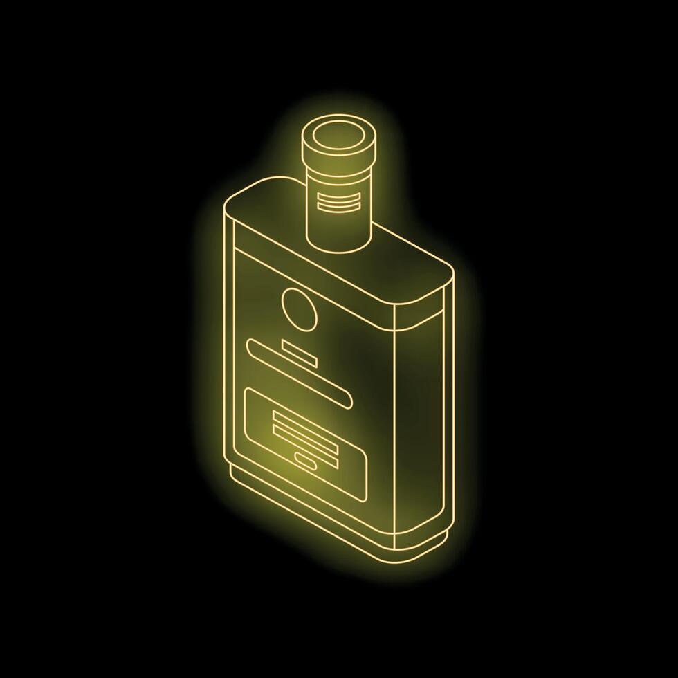 Glowing neon yellow whisky bottle on black background, isometric view vector