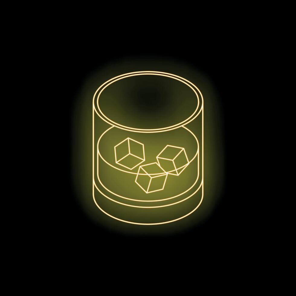 Neon yellow glass of whiskey with ice cubes on black background vector