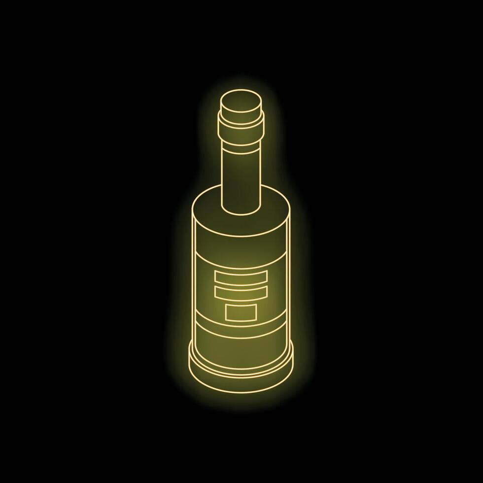 Glowing neon yellow wine bottle on black background, isometric perspective vector