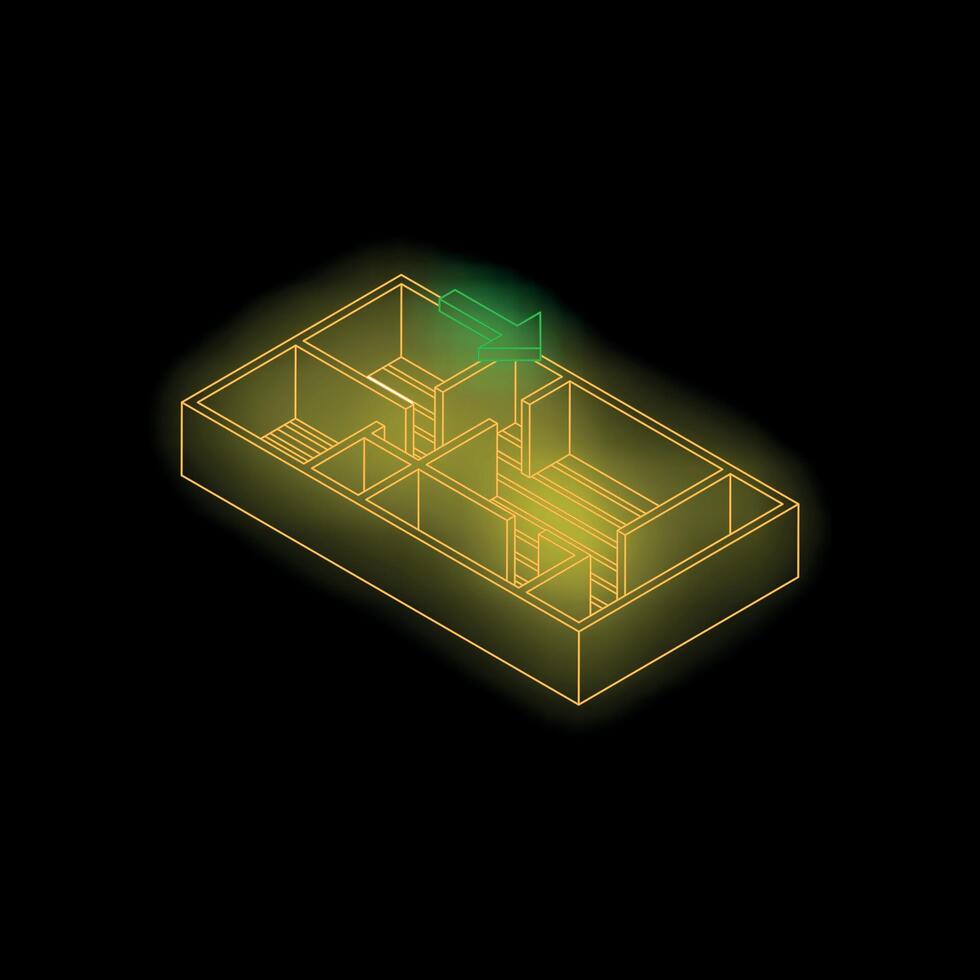 Green arrow showing entrance of glowing isometric apartment on black background vector