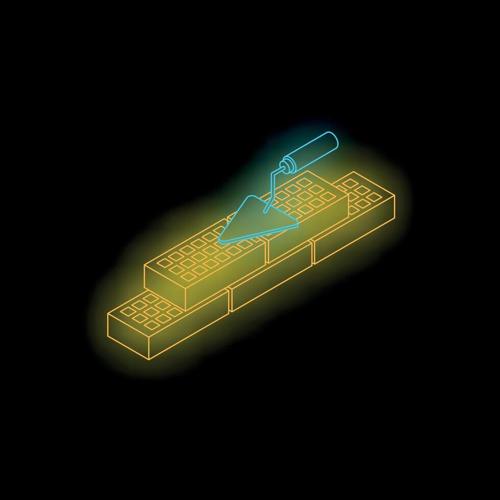 Trowel building brick wall with glowing neon light effect vector
