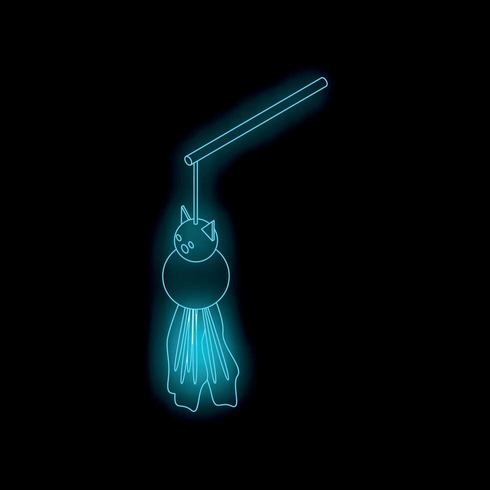 Neon blue cat toy hanging from a stick on black background vector