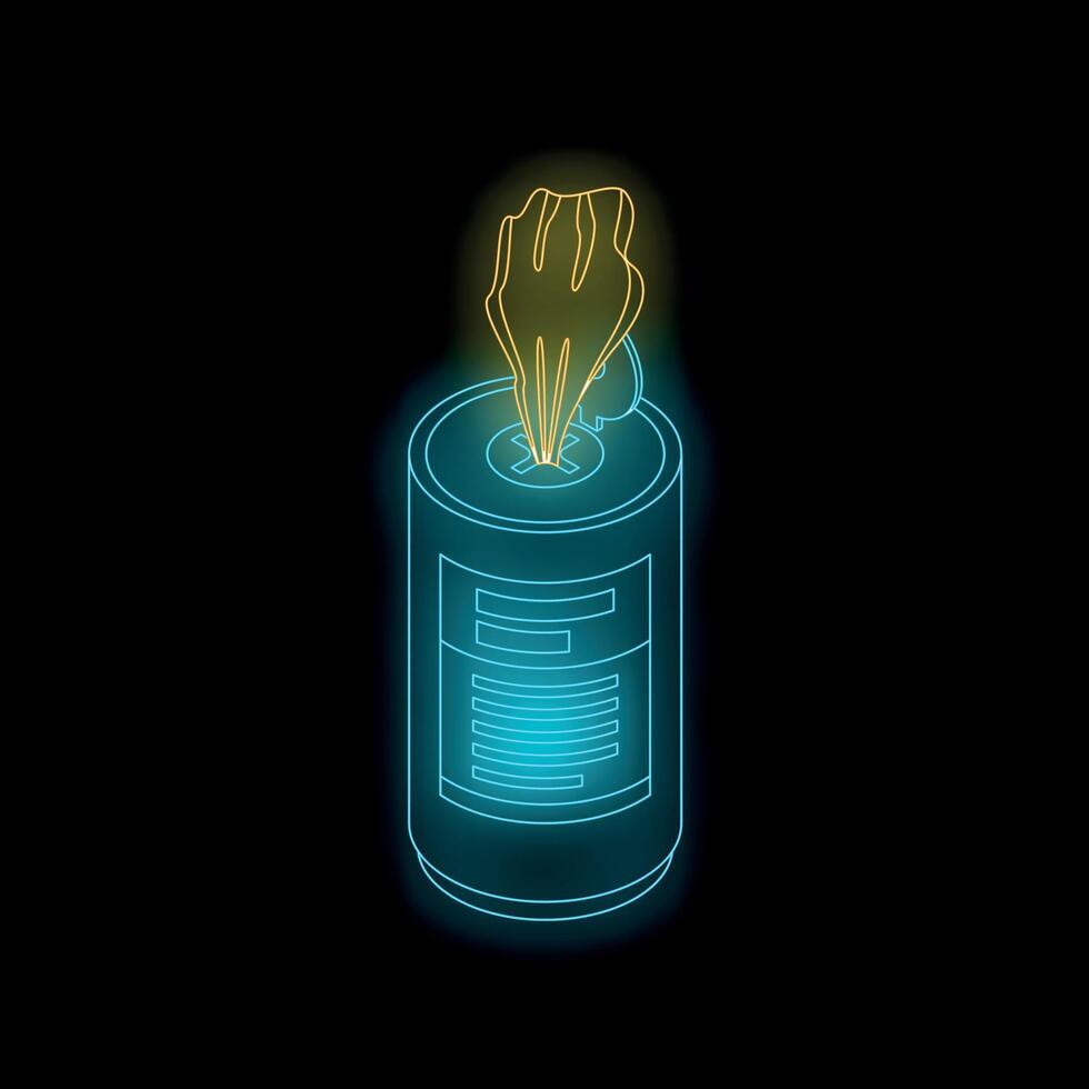 Glowing neon wet wipes container on black background vector