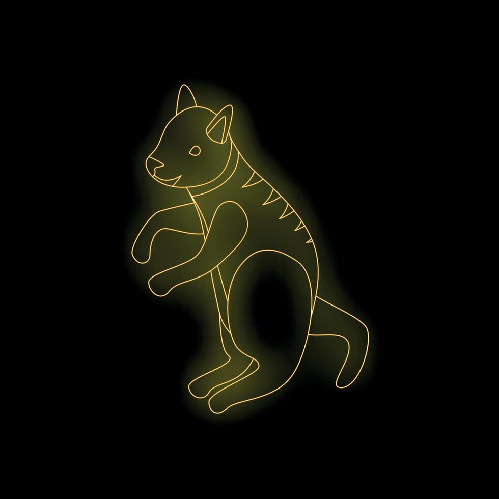 Playful neon cat standing on hind legs, glowing line art on dark background vector