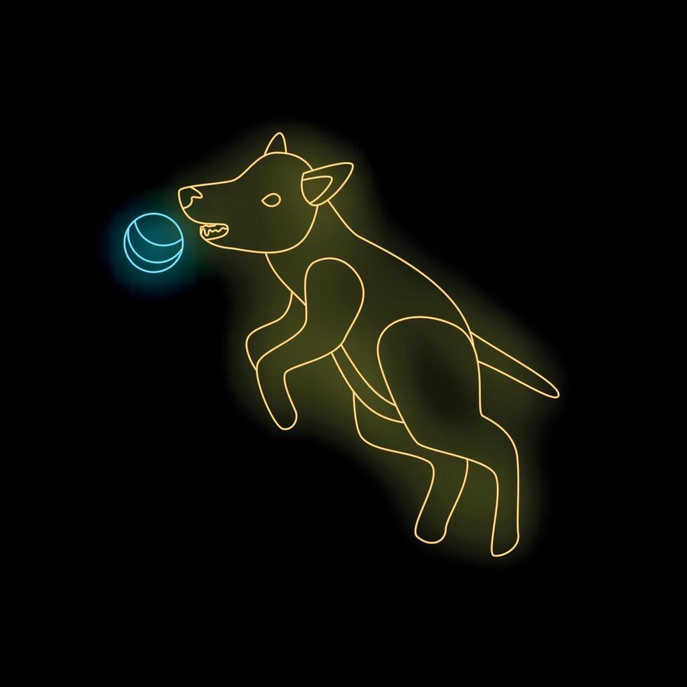 Energetic dog jumping and catching ball in neon light vector