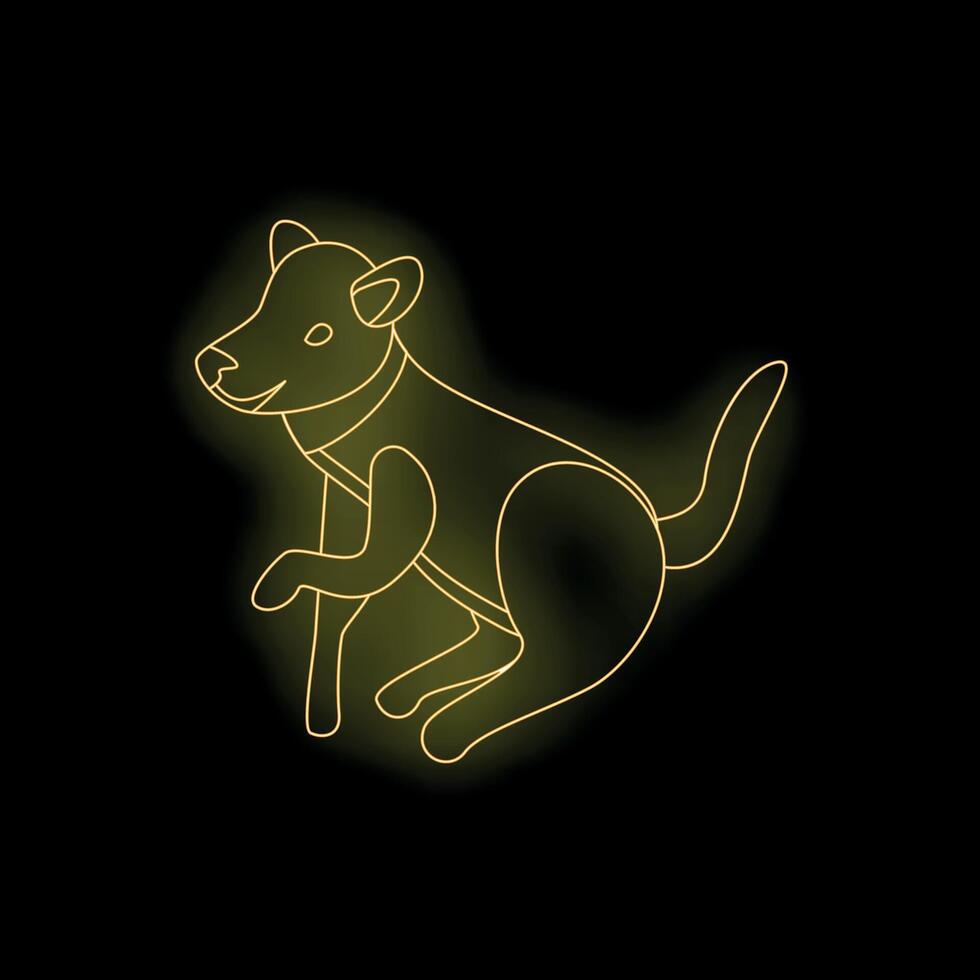 Playful neon dog sitting and wagging its tail on black background vector