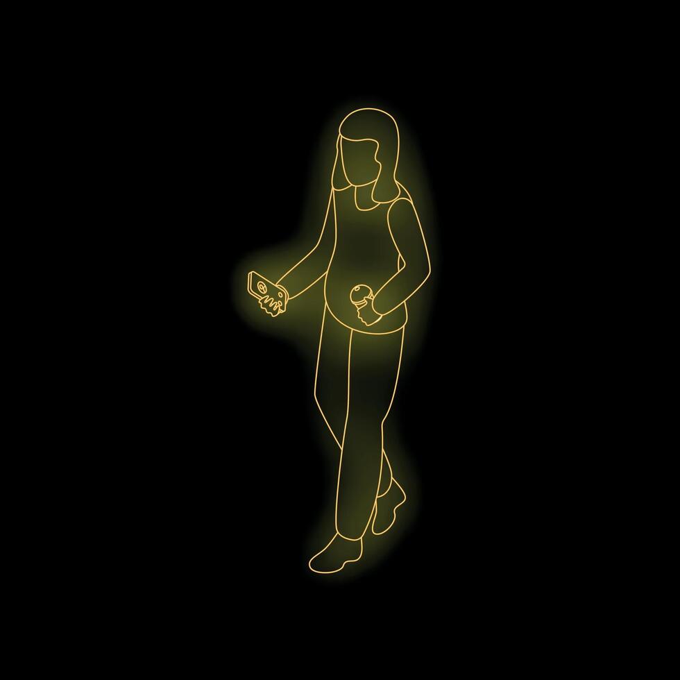 Journalist walking and using smartphone and microphone reporting live news vector