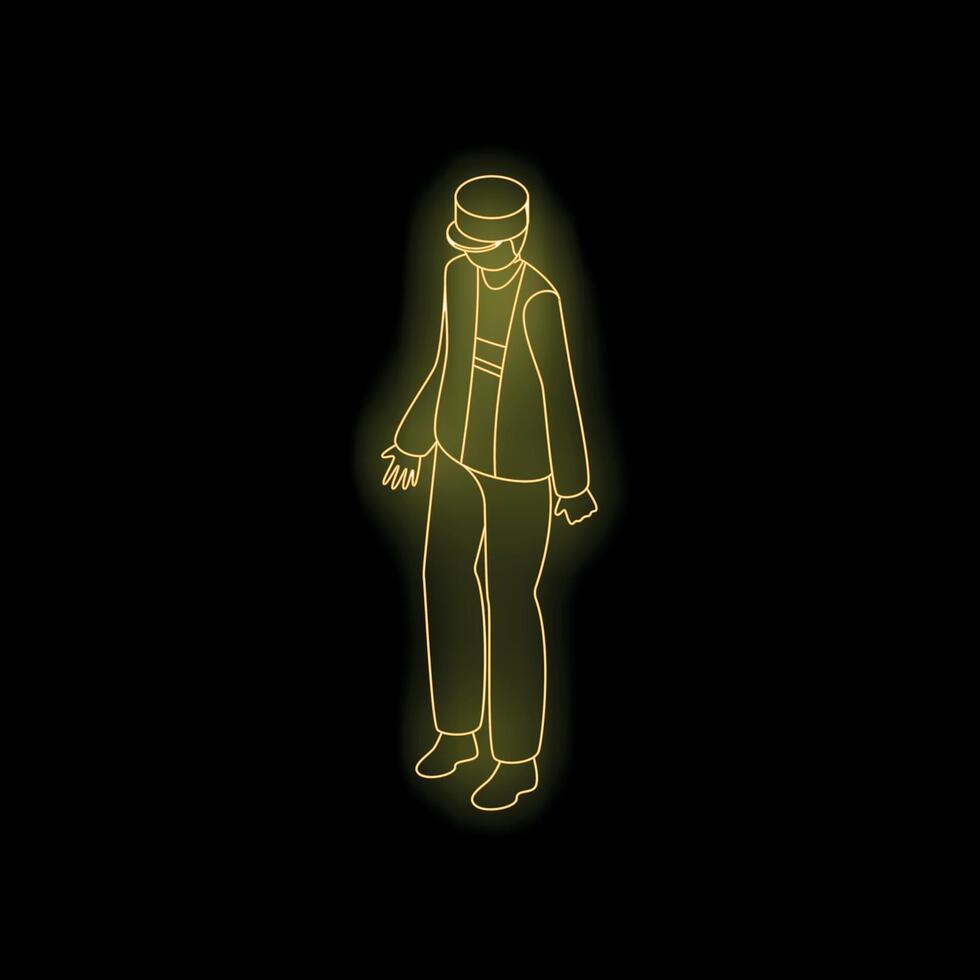 Neon yellow glowing train conductor walking on black background vector