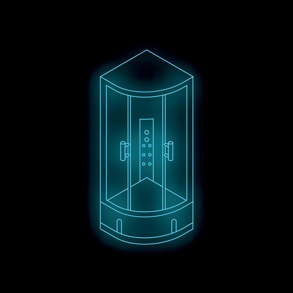 Neon shower cabin shining in the dark bathroom corner vector