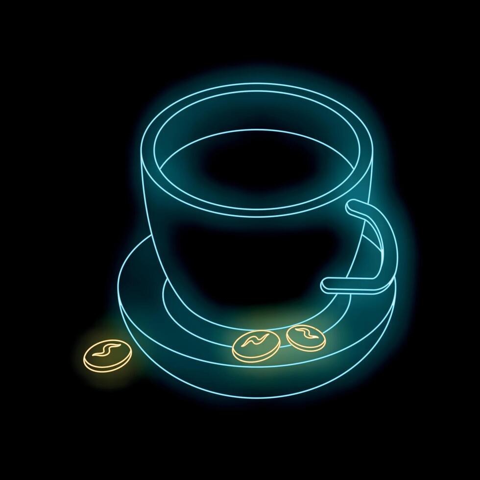 Neon coffee cup shining on black background with coffee beans vector
