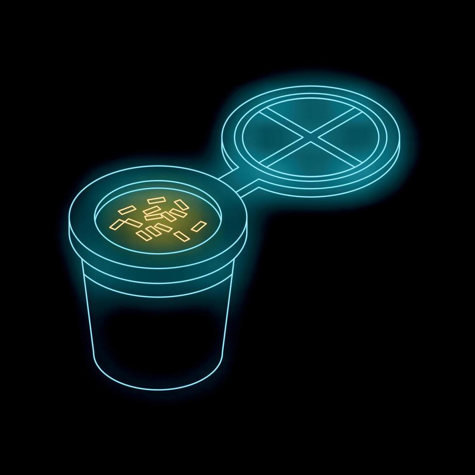 Neon blue single serve coffee pod with lid and coffee grounds vector