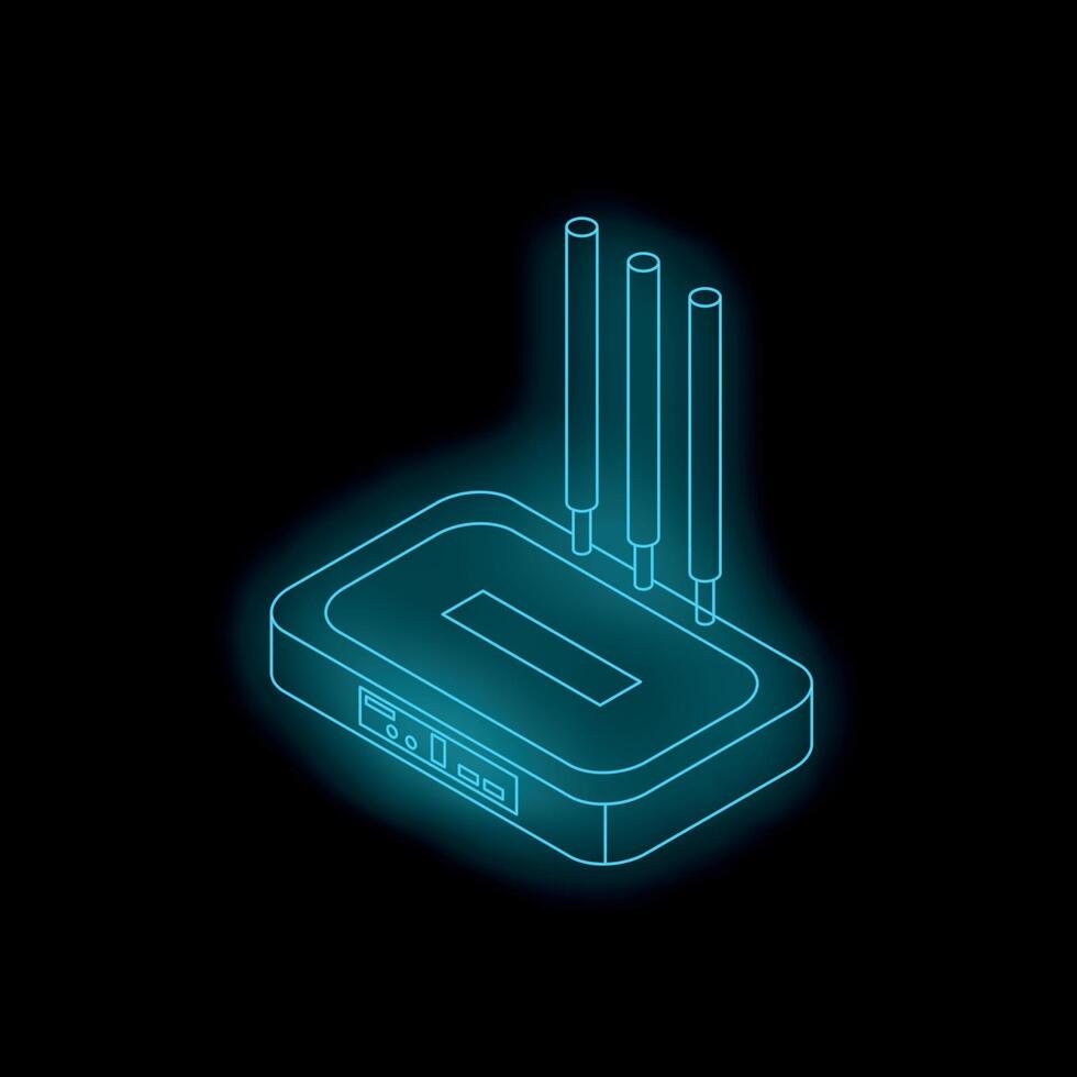 Bright blue neon wi fi router glowing in dark space vector