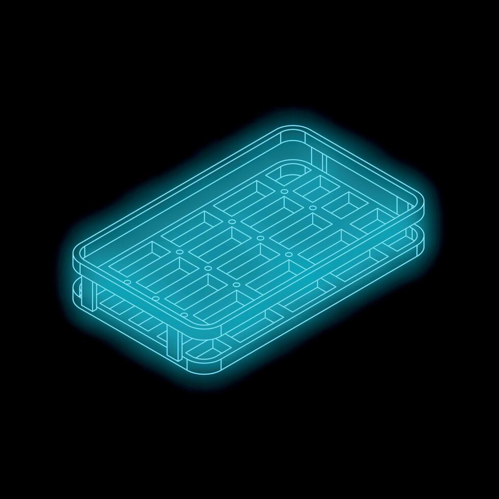 Glowing neon blue wireframe stacked tray on black background vector