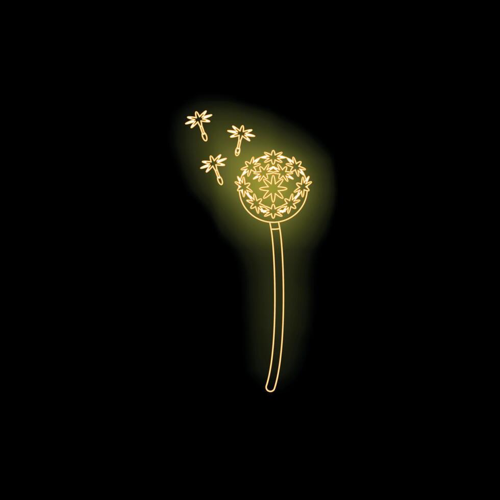 Golden neon dandelion spreading seeds on black background vector