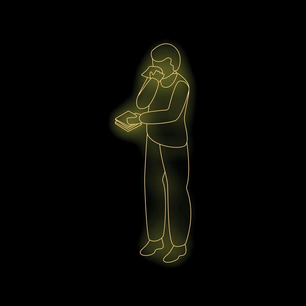Sad man crying and reading letter in neon light style vector