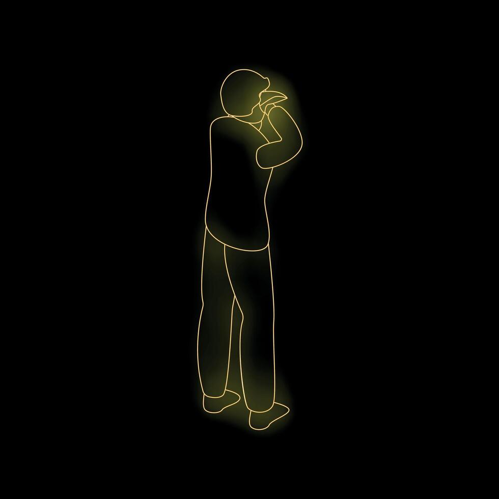 Man taking photo with smartphone, glowing line art on black background vector