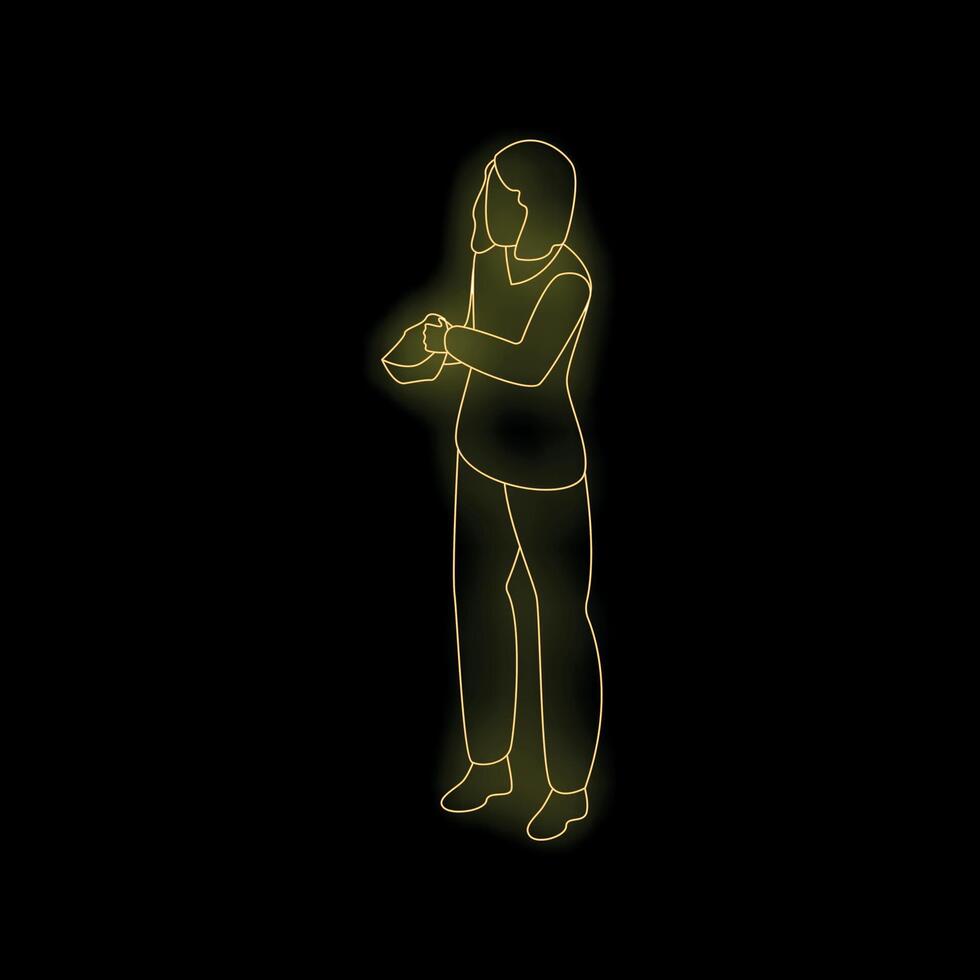Woman gesturing with neon light effect on black background vector