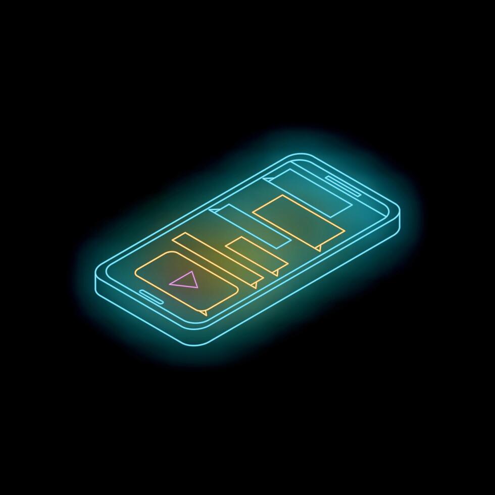 Neon smartphone showing streaming player and user interface elements vector