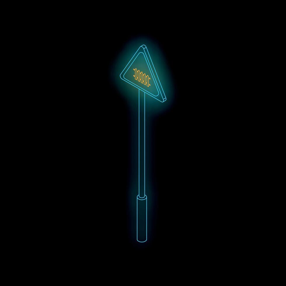 Glowing neon railway crossing road sign on black background vector