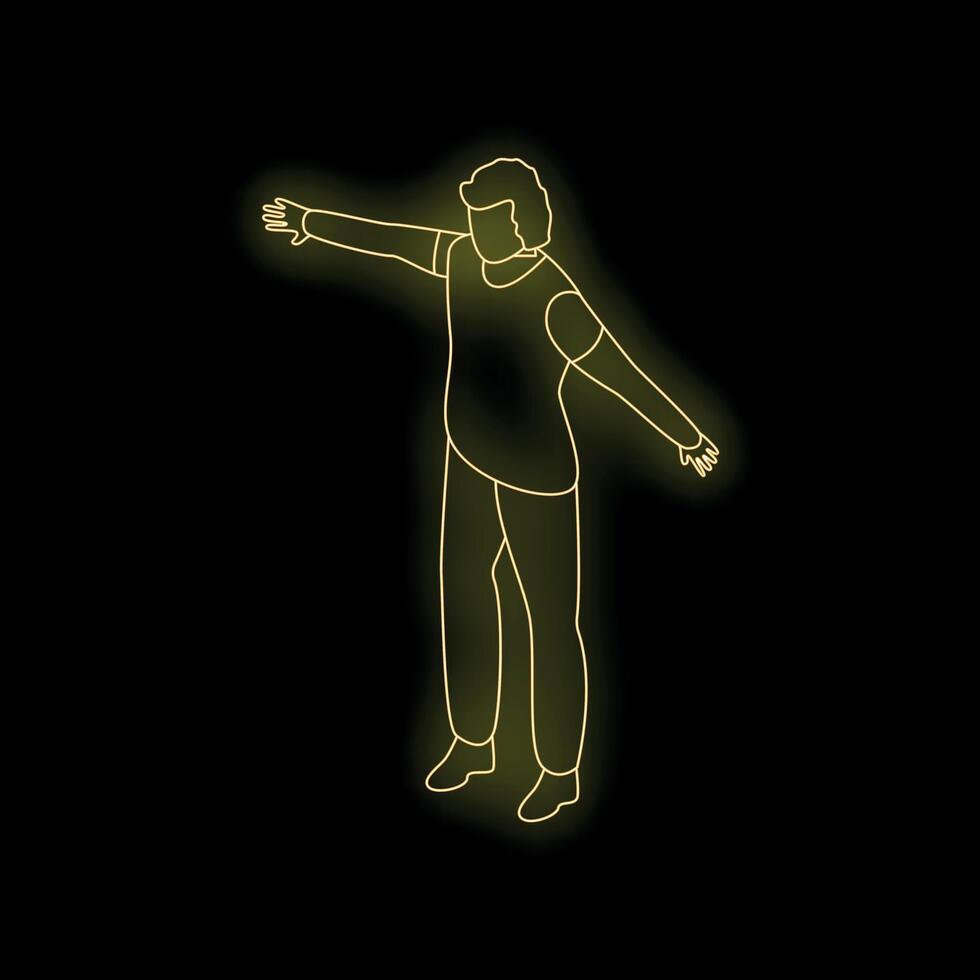 Young man balancing with open arms, neon light style illustration vector