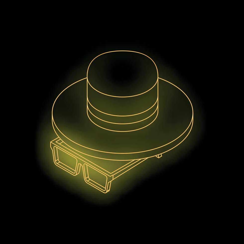 Yellow neon icon of gentleman hat and sunglasses glowing on black background vector