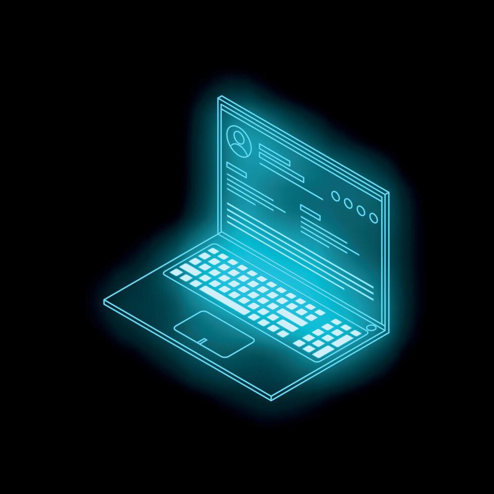 Futuristic neon blue laptop showing user profile information on black background vector