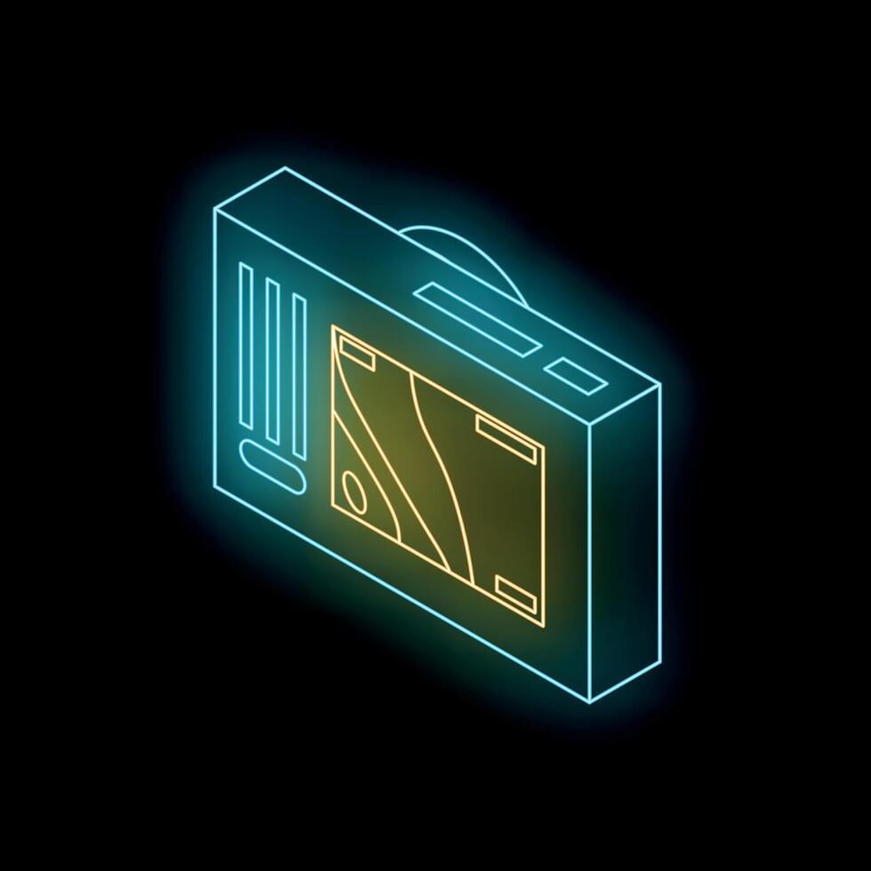 Glowing neon line action camera icon isolated on black background representing path of trajectory of movement vector
