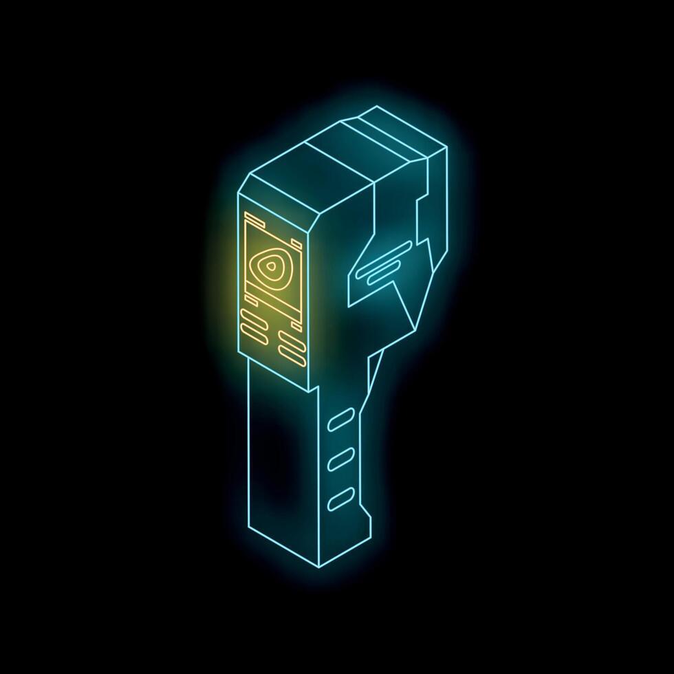 Futuristic non contact infrared thermometer showing body temperature on screen displaying scanning reading of human body heat in isometric view vector