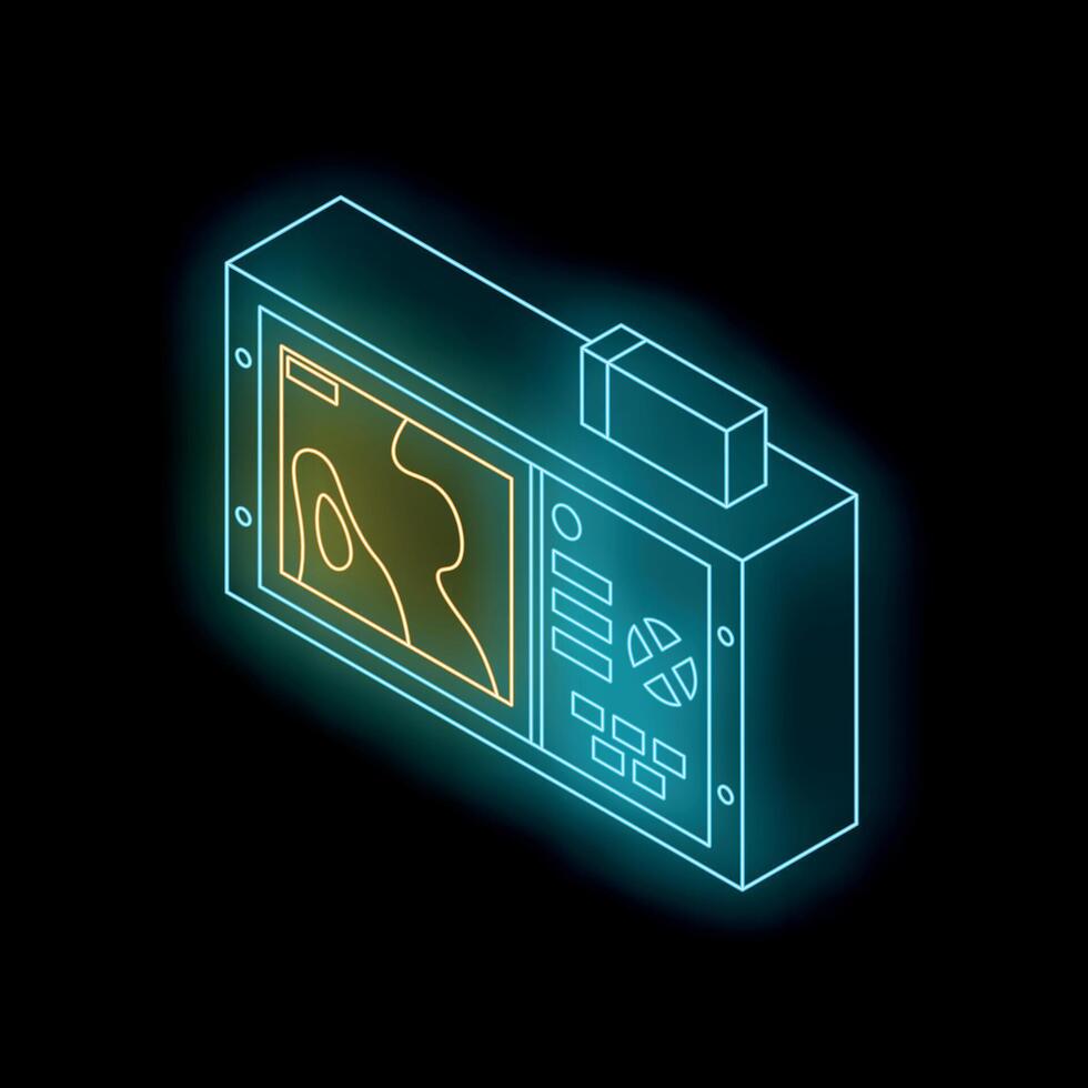 Glowing neon gps navigation device showing map on black background vector