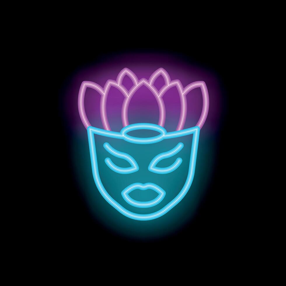 Neon carnival mask glowing with pink feathers on black background vector