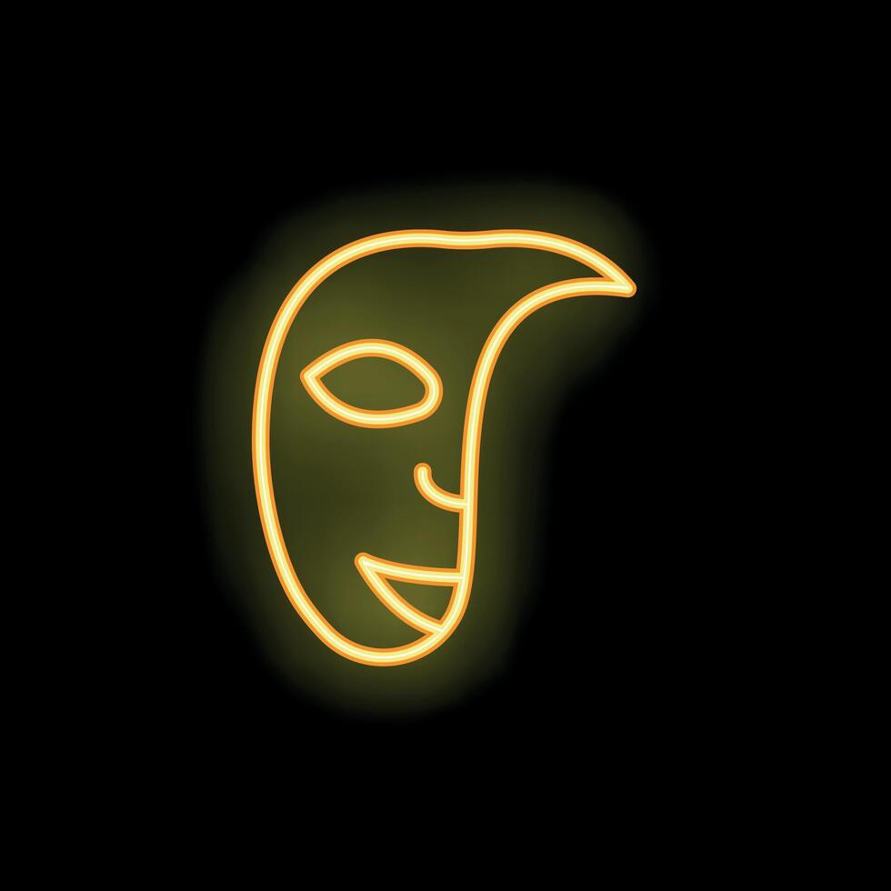 Bright yellow neon sign depicting a smiling mask on black background vector