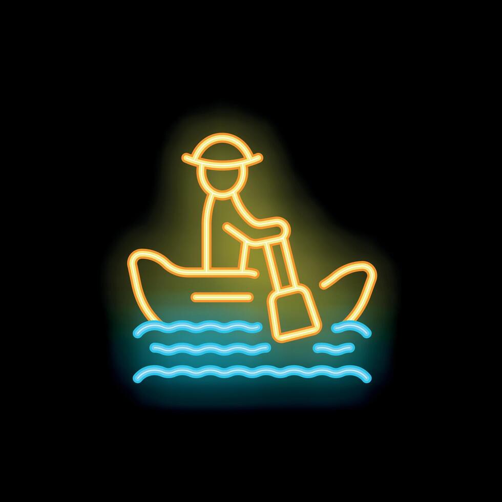 Fisherman rowing boat on water neon sign on black background vector
