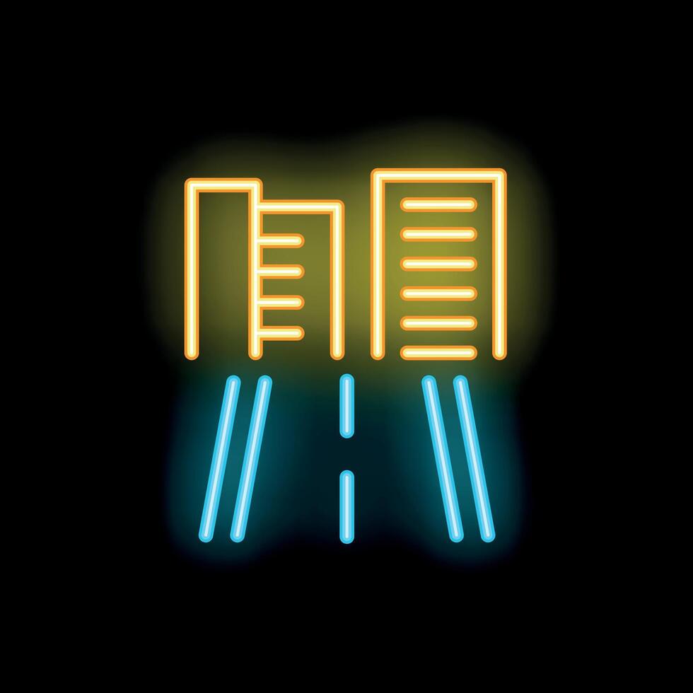 Neon sign representing city buildings and road at night vector