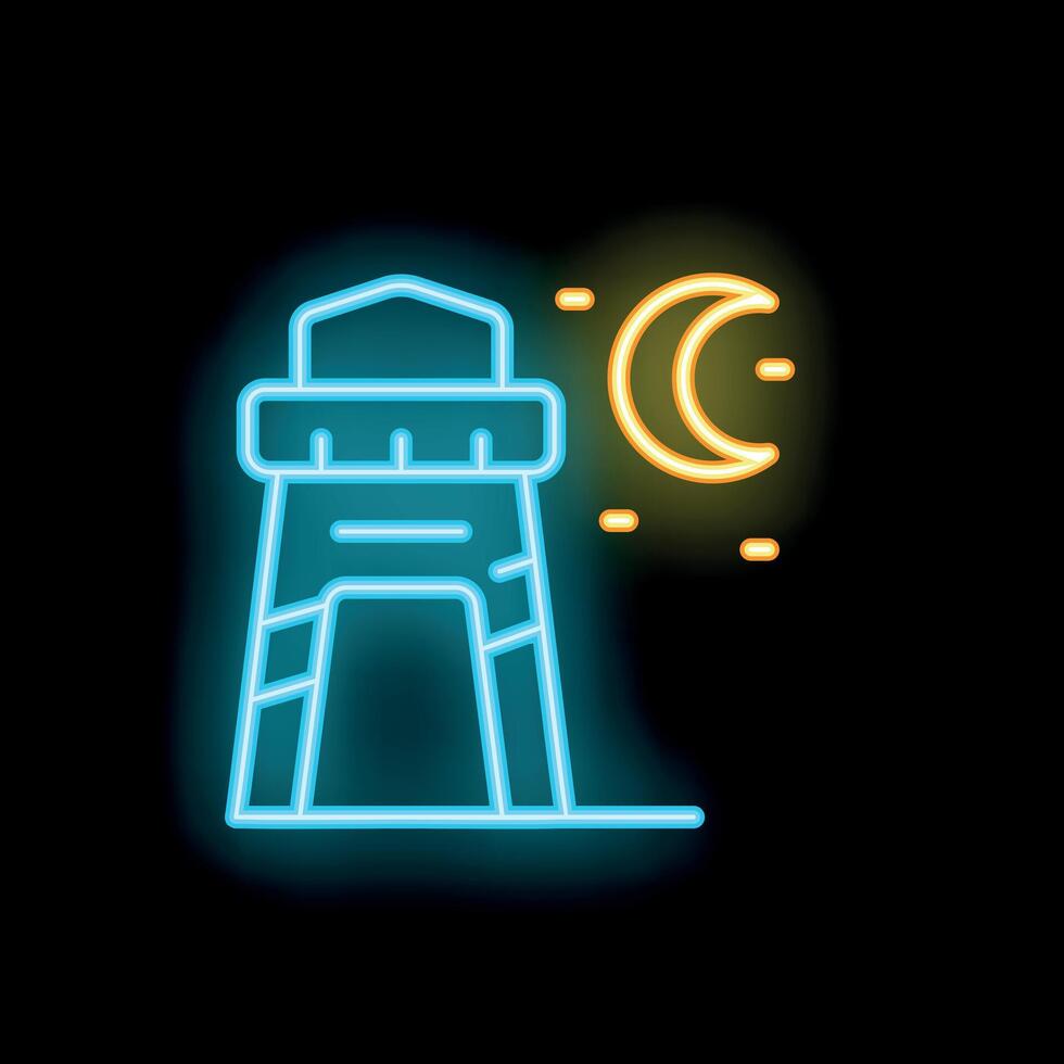 Neon lighthouse shining under crescent moon at night vector