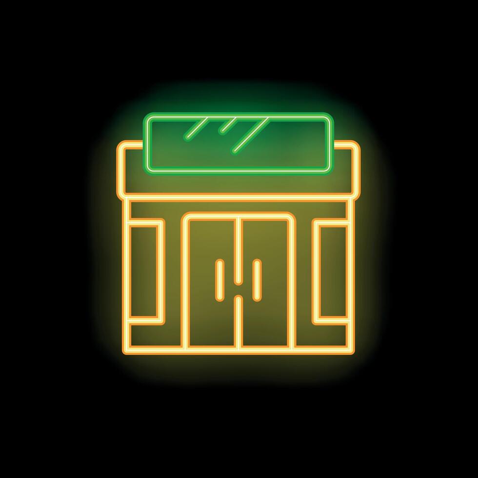 Neon sign representing a store or shop with illuminated canopy and double doors vector