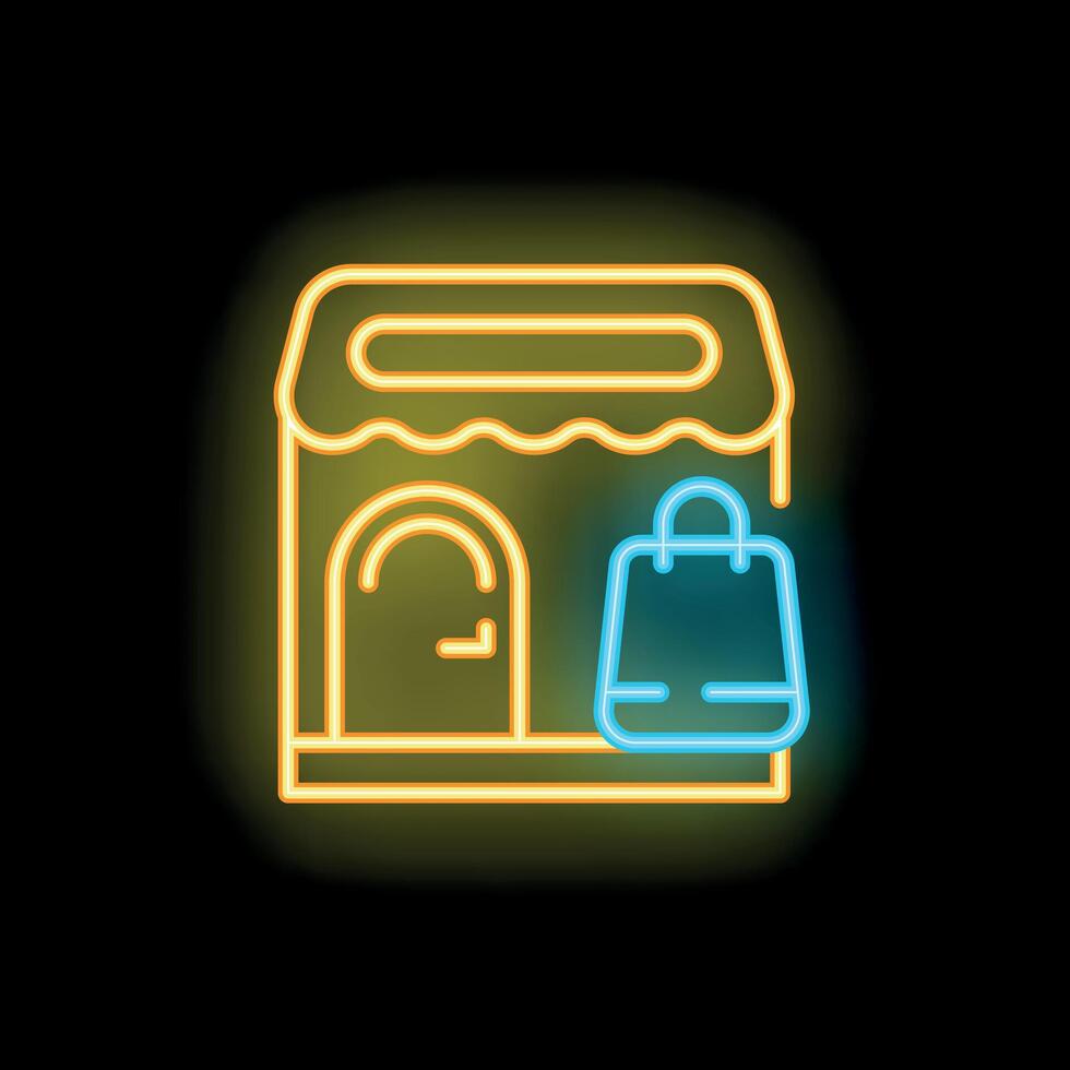 Neon shopping bag stands next to a store on black background vector