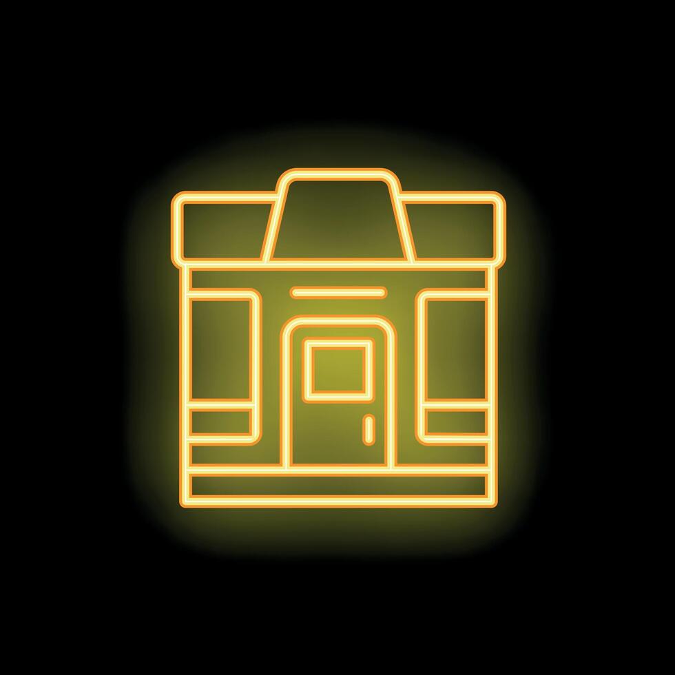 Neon sign representing a building with glowing windows and door vector