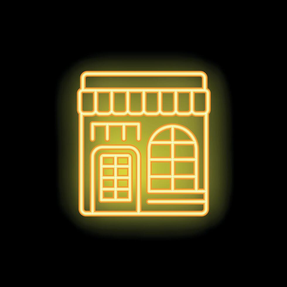 Neon sign representing a generic store with striped awning, door and window on a black background vector