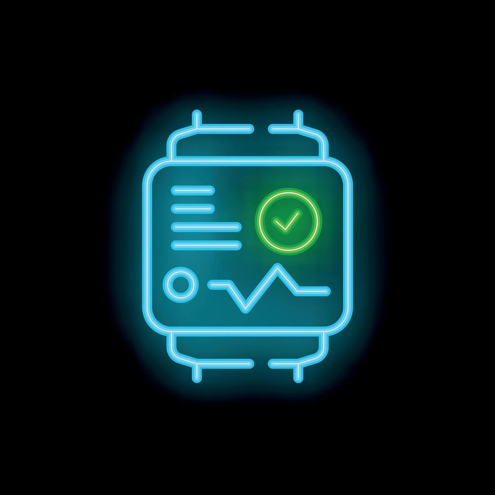 Smartwatch showing successful data synchronization with green check mark in neon light style vector