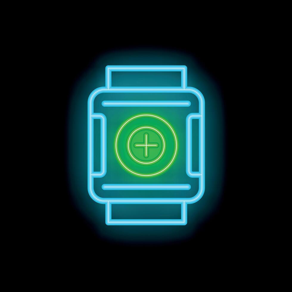 Neon medical app icon glowing on smart watch screen, fitness tracker, modern technology concept vector