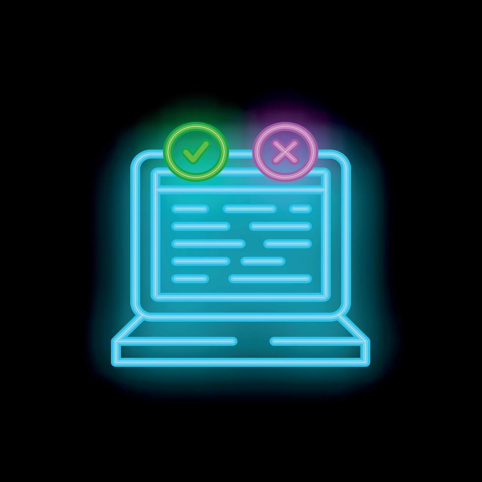Neon laptop showing choosing between right and wrong answers vector
