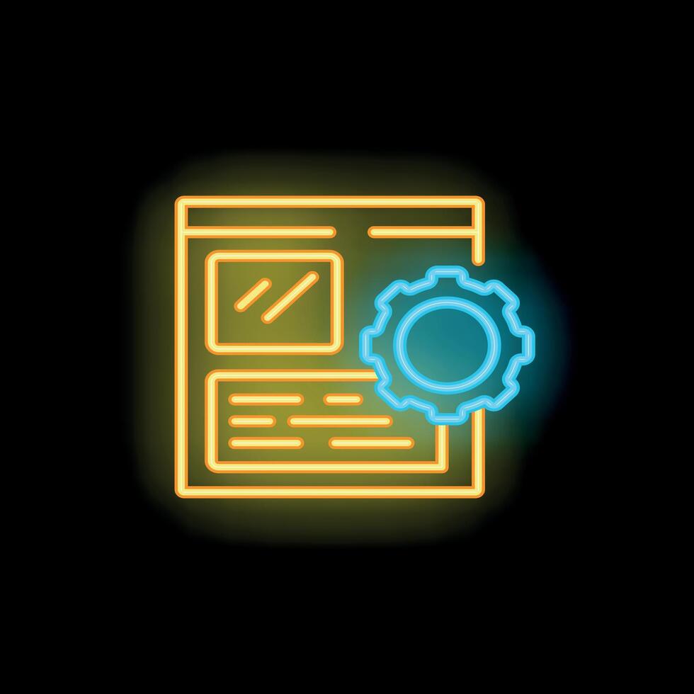 Neon website interface undergoing optimization with gear symbol vector