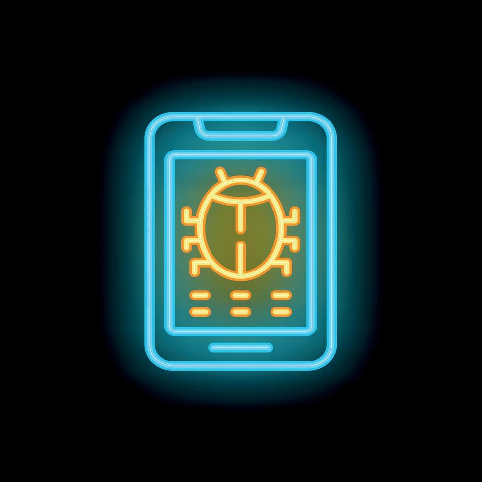 Neon smartphone showing a bug, indicating system failure or malfunctioning vector