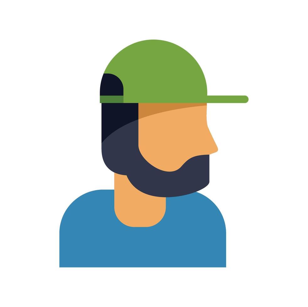 Young man wearing green baseball cap and blue t shirt with beard in profile view vector