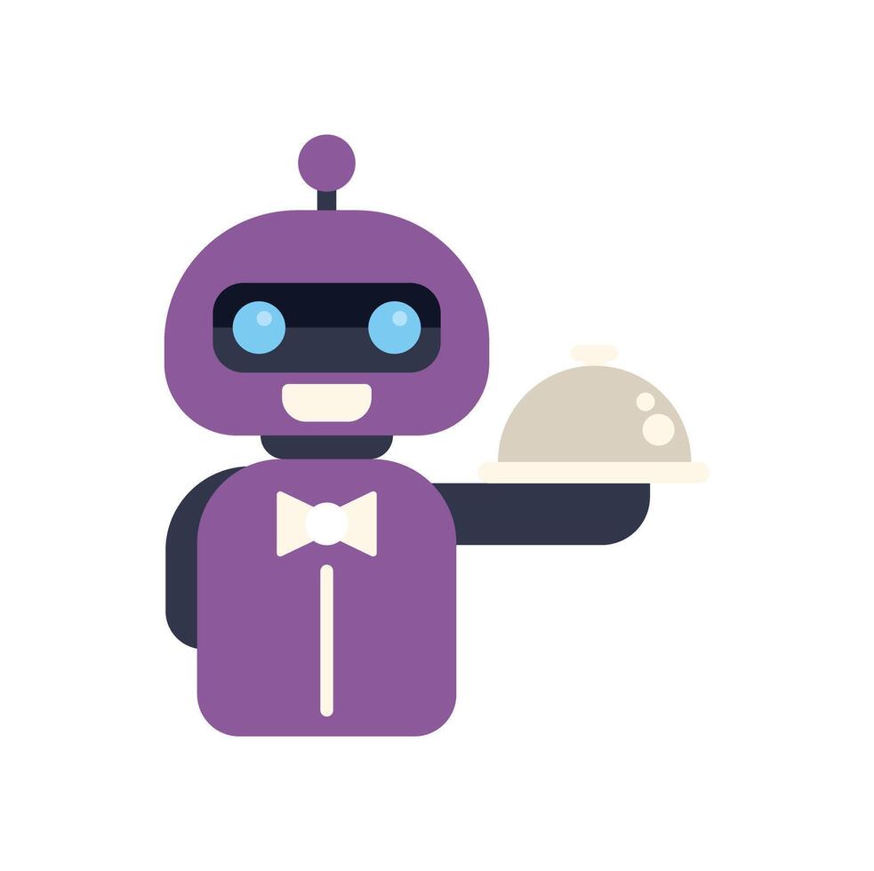 Purple robot waiter holding a covered tray serving food in a restaurant vector