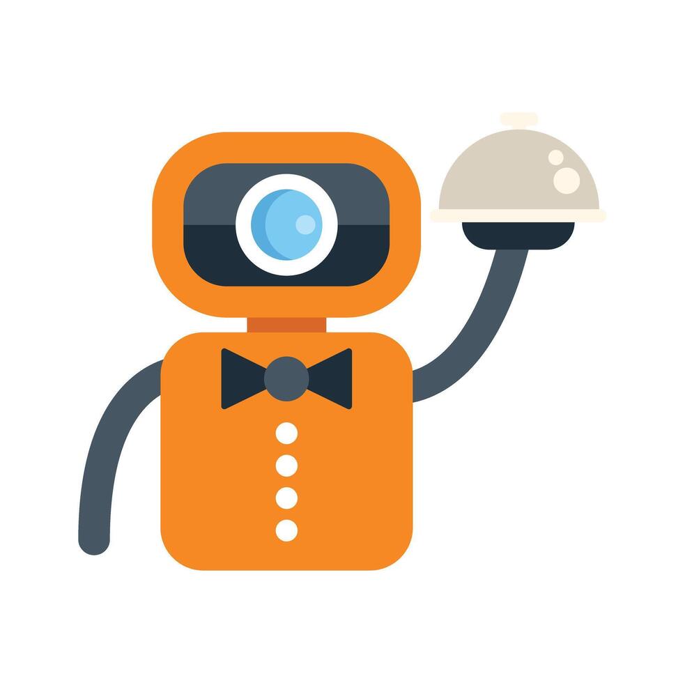 Orange robot waiter holding a covered tray vector