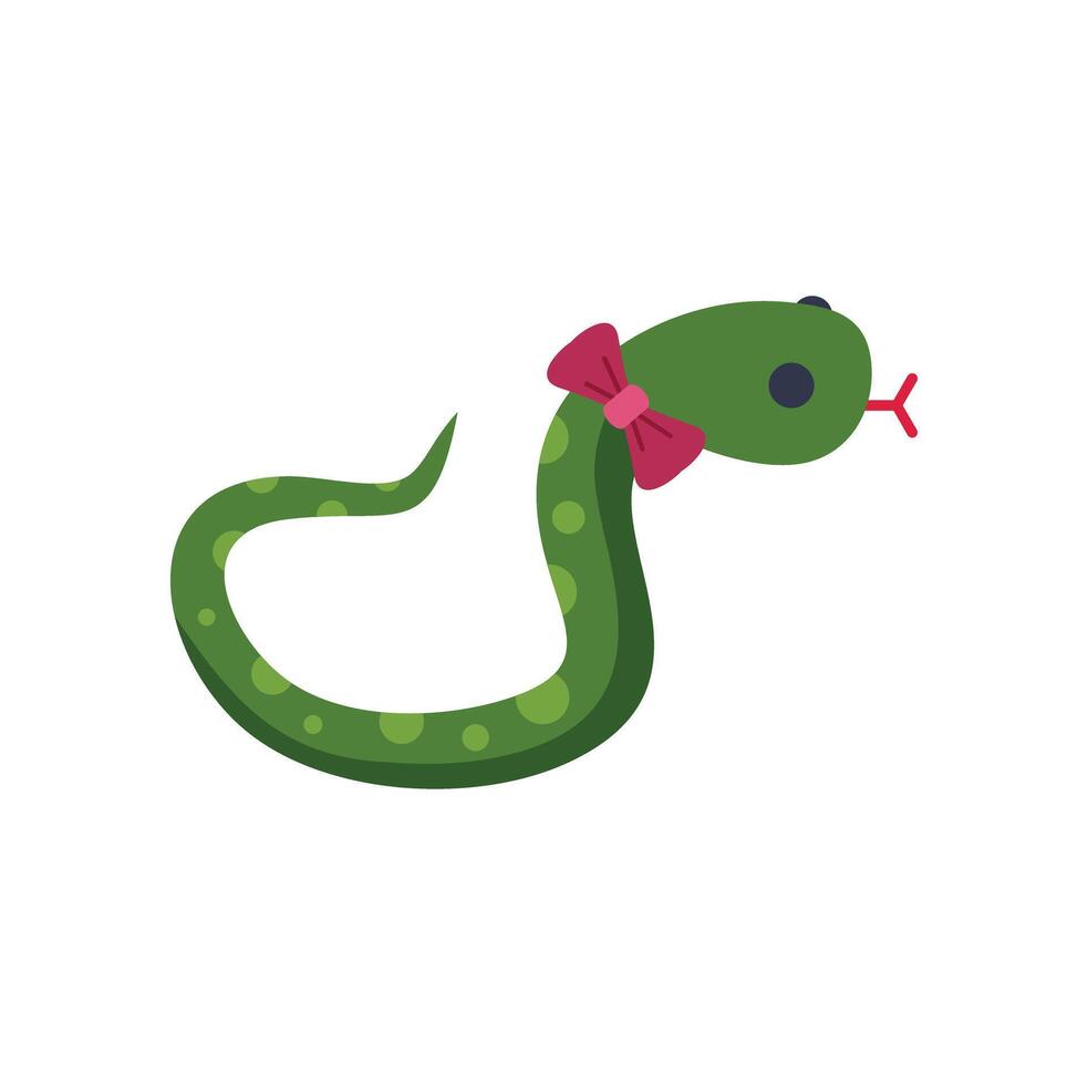 Cute green snake slithering with a pink bow, adorable reptile illustration vector