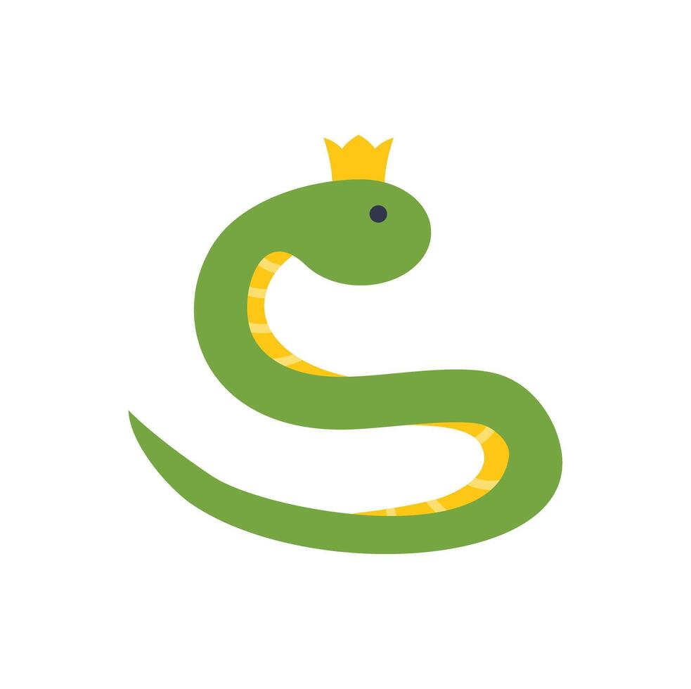 Green snake wearing golden crown, adorable reptile illustration vector